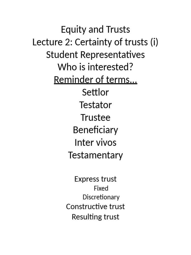 Equity & Trust - Lecture 2 - Certainty of Trusts (I) | PDF
