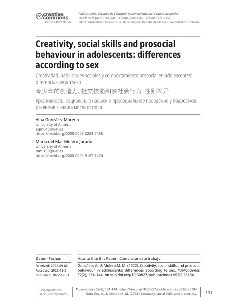 Creativity, Social Skills and Prosocial Behaviour in Adolescents ...