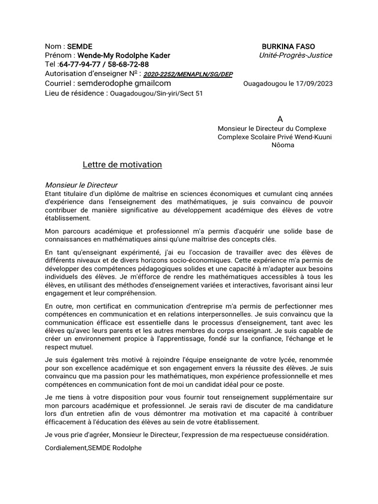 Lettre de motivation pour enseignant mathématiques PDF Enseignement — free download