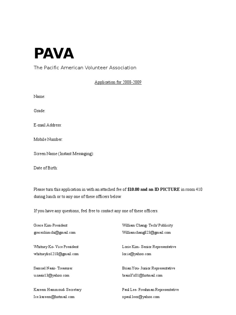 PAVA Volunteer Application 2008-2009 | PDF | Telecommunications ...