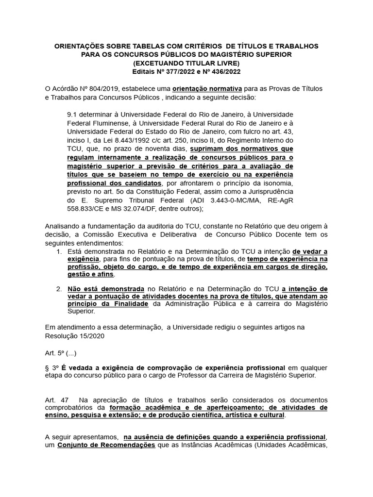 ORIENTAÇÕES SOBRE TABELAS COM CRITÉRIOS DE TÍTULOS E TRABALHOS - 377 e ...