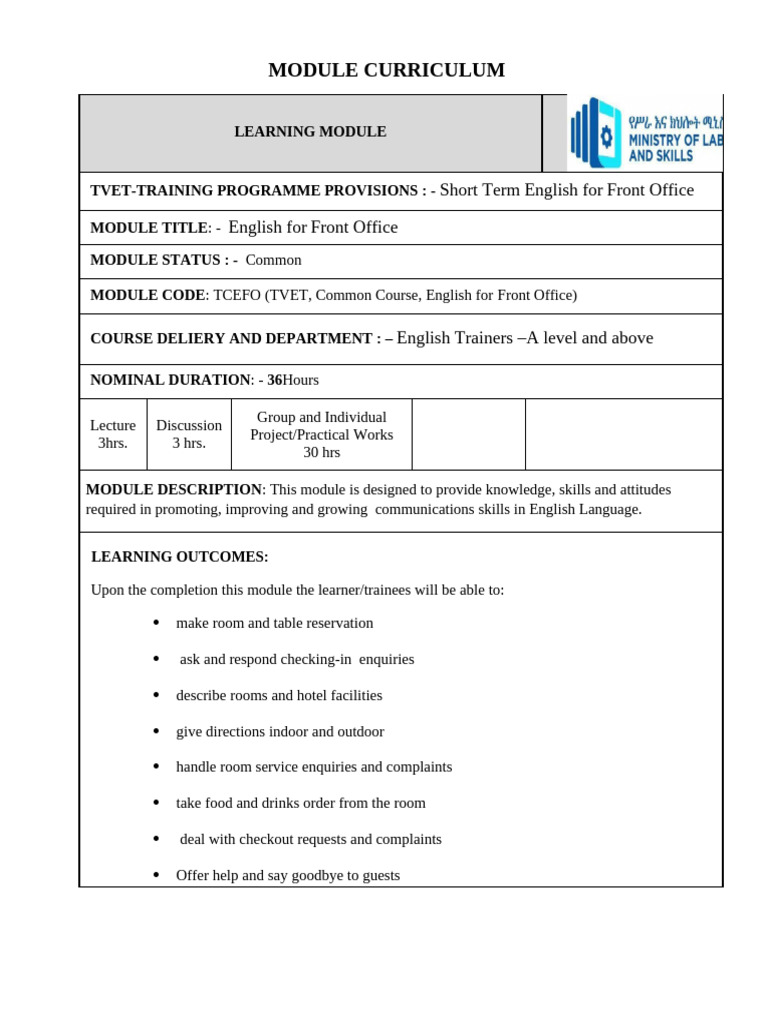 MODULE CURRICULUM. Docx FOS (2022) | PDF