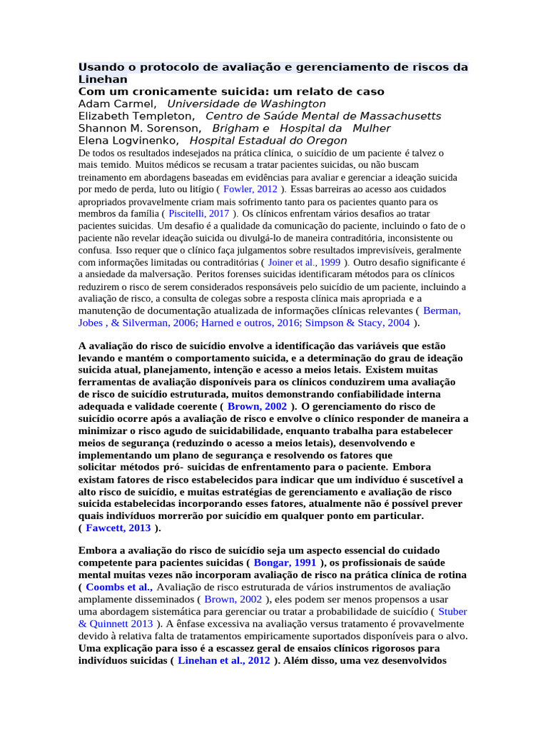Protocolo Linehan para Gestão do Suicídio | PDF | Suicídio | Autoajuda