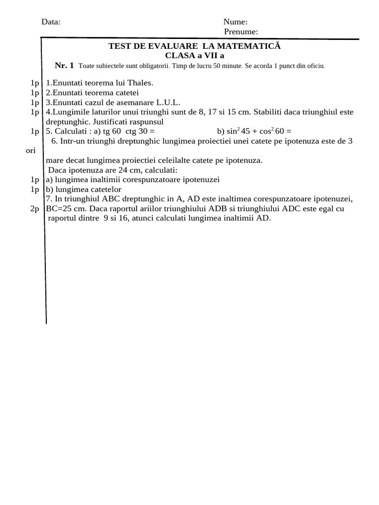 Test A 7 A NR 1 Asemanare Relatii Metrice | PDF