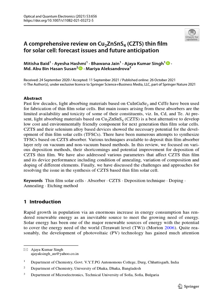 A Comprehensive Review On Cu Znsns (CZTS) Thin Film For Solar Cell ...