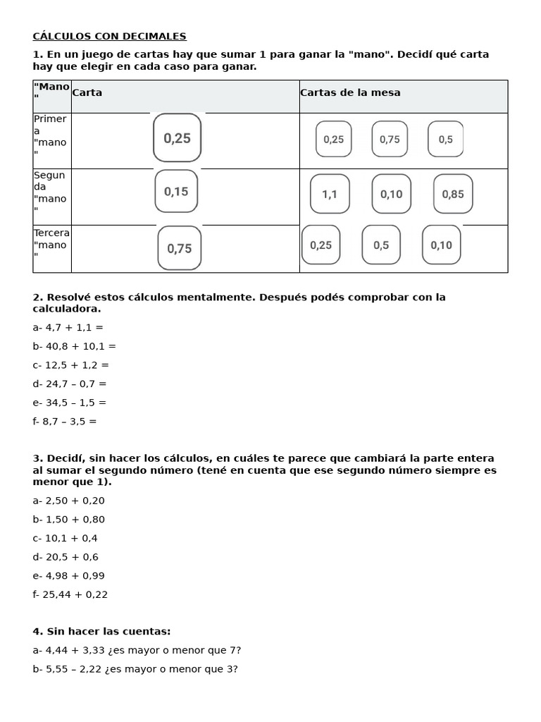 Cálculos Con Decimales | PDF