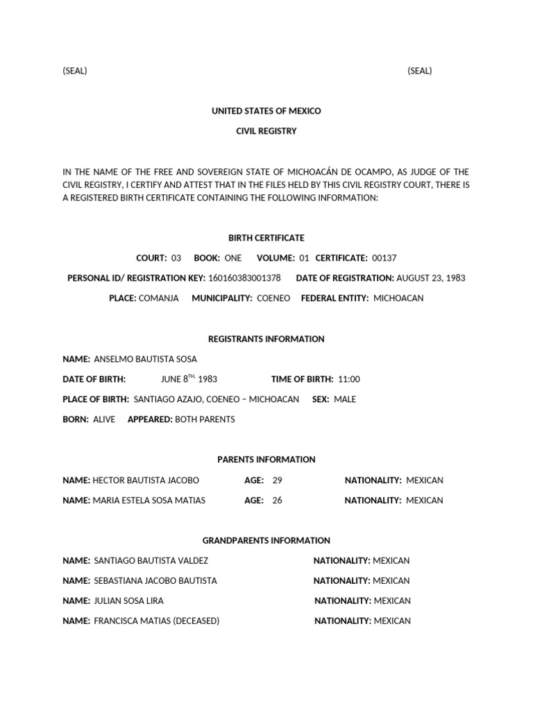 Mexican Birth Certificate Traslation | PDF