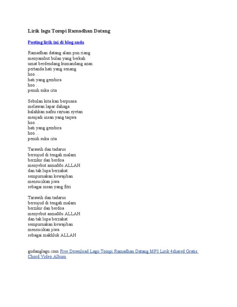 Lirik Lagu Tompi Ramadhan Datang Pdf