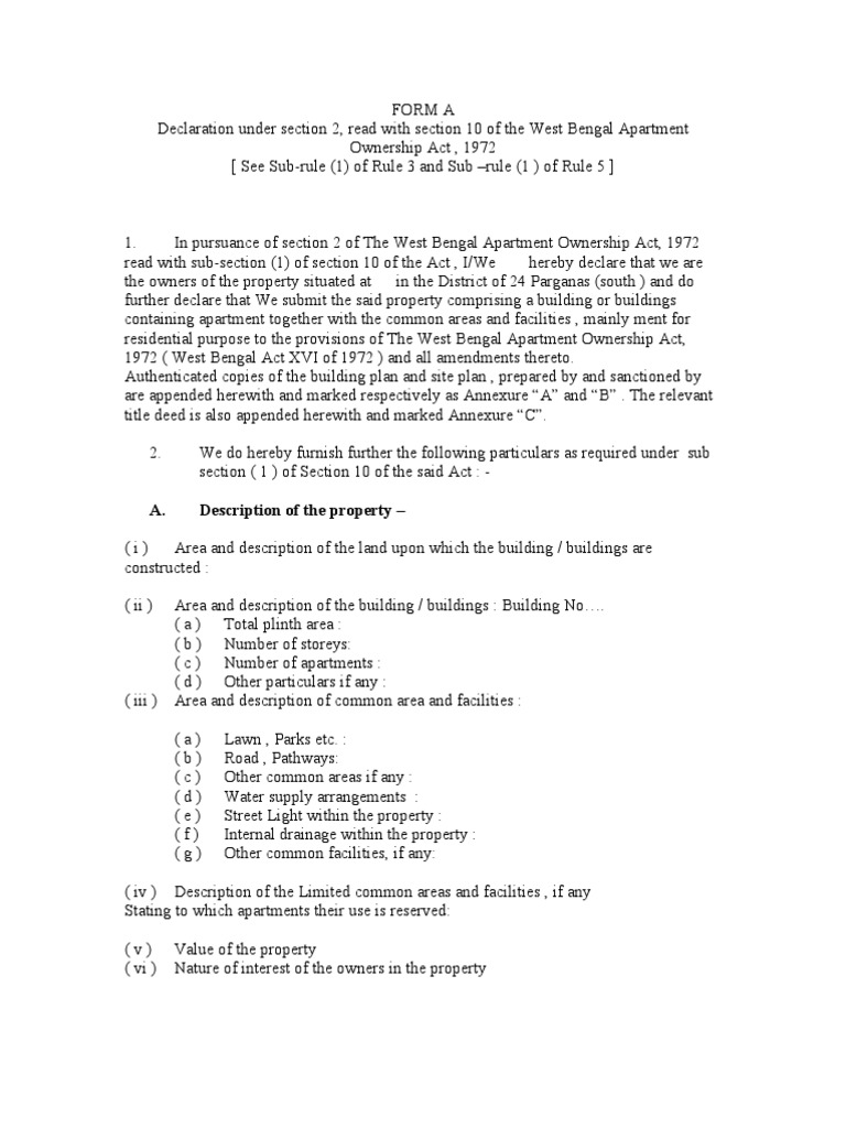FORM a Apartment Ownership Act Ownership Property