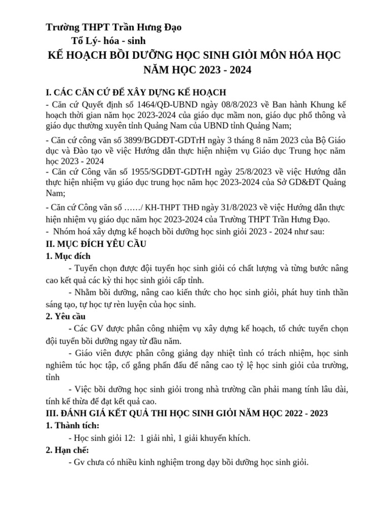 Ke Hoach Day Boi Duong Hoc Sinh Gioi Mon Hoa Hoc Nam 2023 2024 | PDF