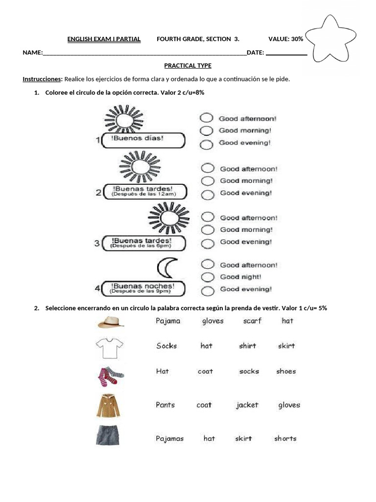 Examen de Inglés Cuarto Grado | PDF