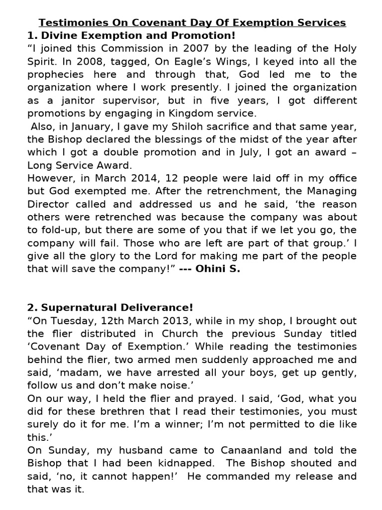 Testimonies from Covenant Day of Exemption | PDF | Religious Belief And ...