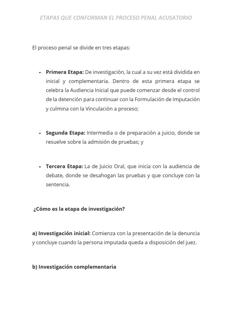 ETAPAS QUE CONFORMAN EL PROCESO PENAL ACUSATORIO | PDF