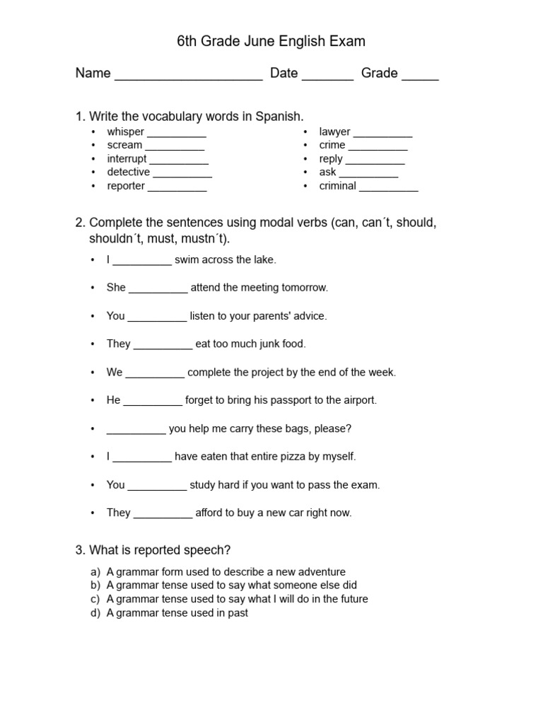 Examen de Inglés 6 To de Primaria JUNIO | PDF