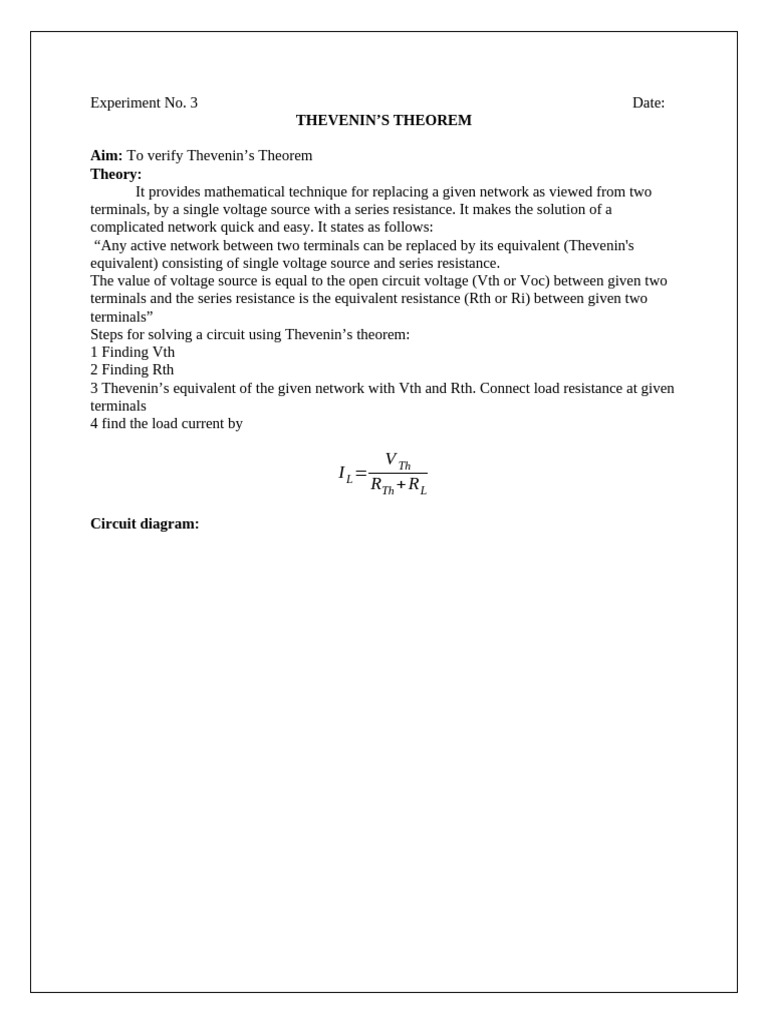 Verify Thevenin’s Theorem Experiment | PDF | Electrical Circuits ...
