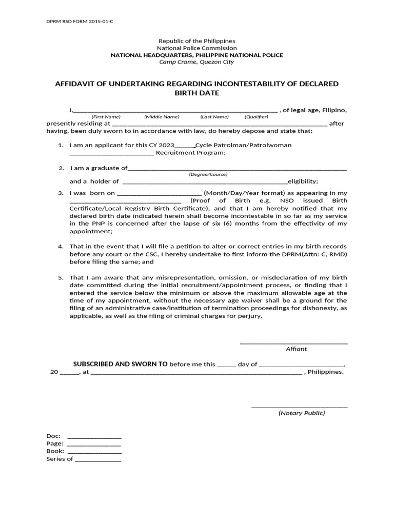 Affidavit of Undertaking Regarding Incontestability of Declared Birth ...