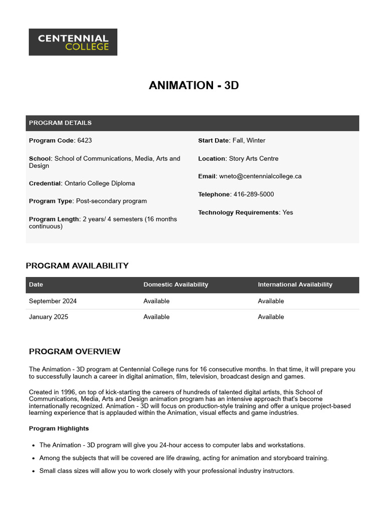 Animation - 3D - Centennial College | PDF