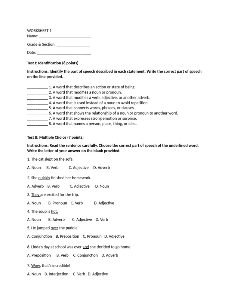 Quiz - The 8 Parts of Speech | PDF