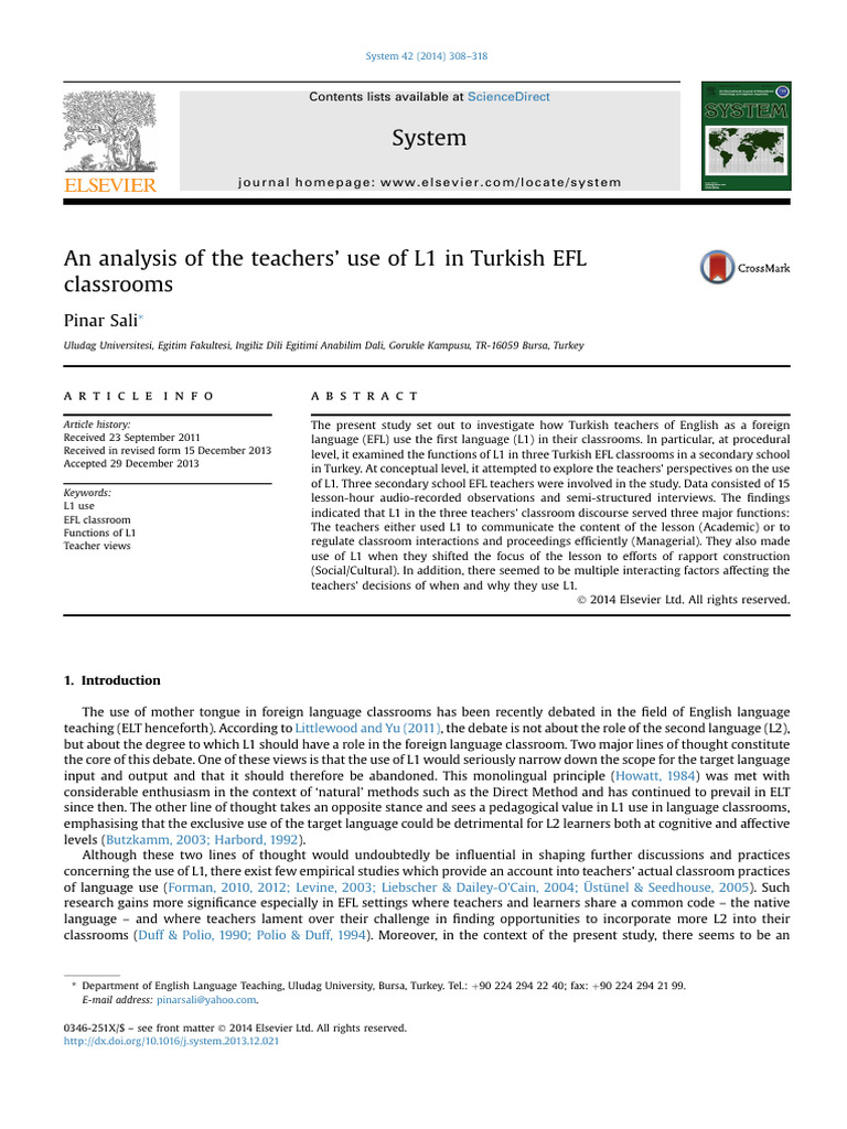 An Analysis of The Teachers' Use of L1 in Turkish EFL Classrooms | PDF