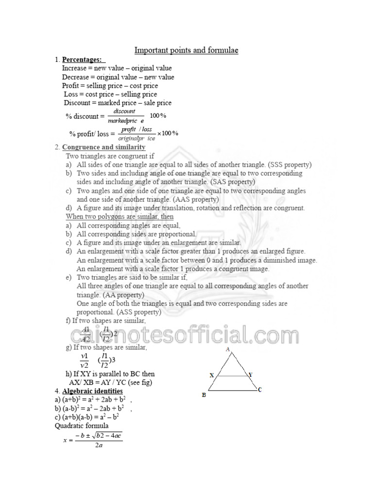 Maths Important Points and Formulae - Caienotesofficial | PDF