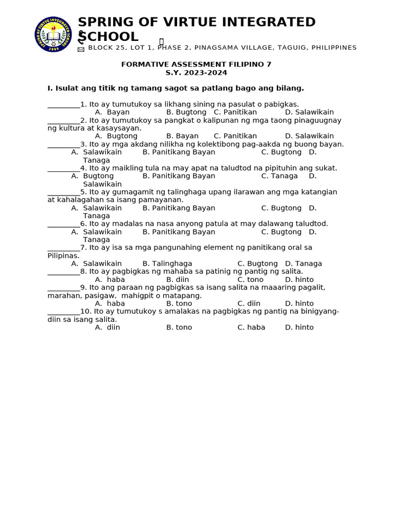 Assessment Filipino Consolidated Pdf