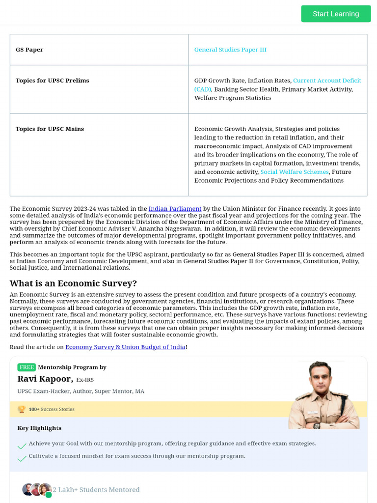 Economic Survey 2023-24 Key Highlights, Challenges & Recommendations | PDF