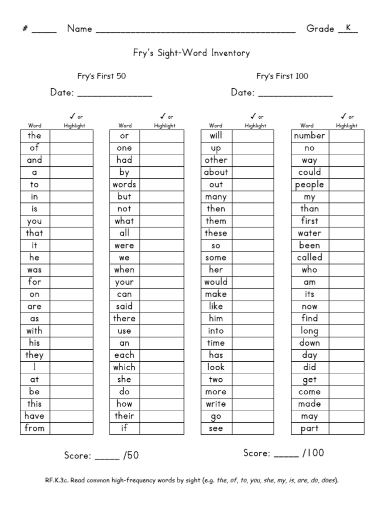 Fry's First 100 Sight Words Assessment | PDF