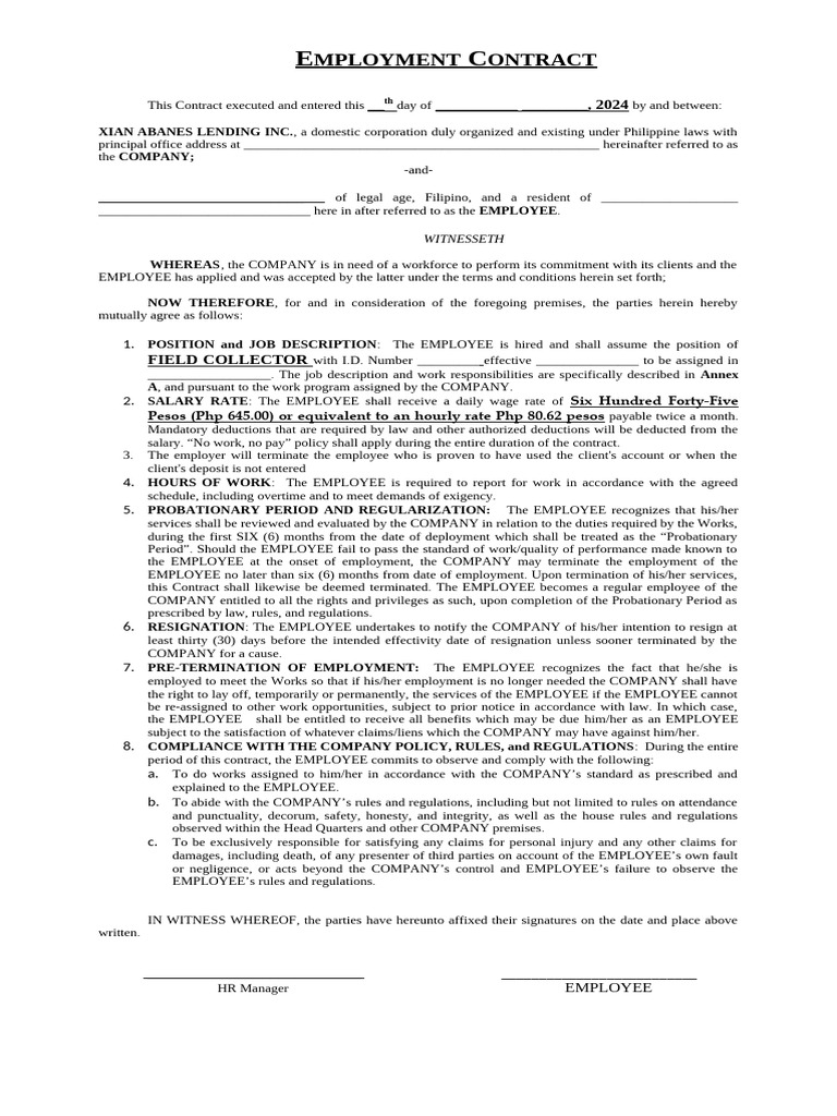 Employment Contract - New Minimum Wage Rate - NCR 7.16.2024 | PDF