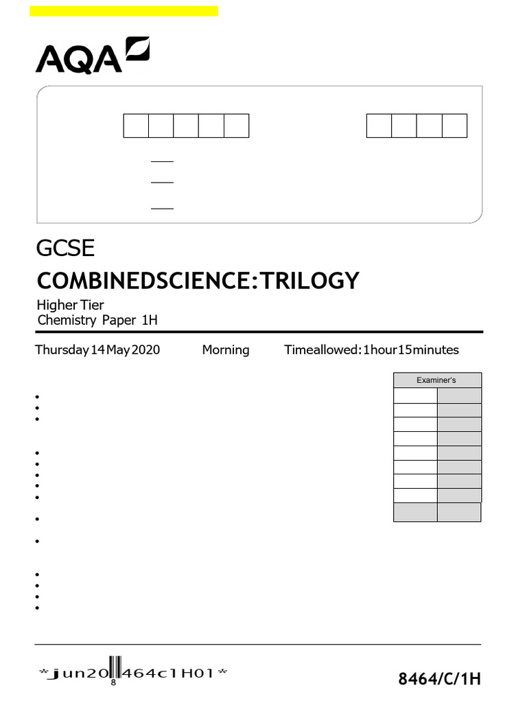Aqa Gcse Combined Science Trilogy Higher Tier Chemistry Paper 1h 2020 ...