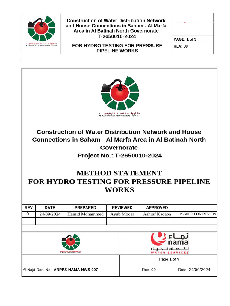 MS For Hydro Testing For Pressure Pipeline Works | PDF