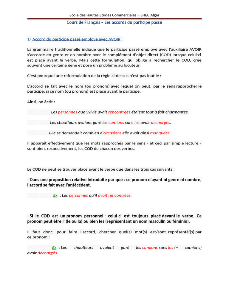 Laccord du participe pass pdf