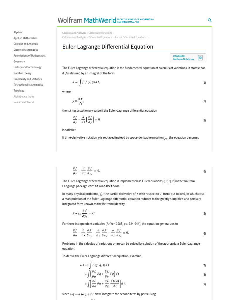 Euler-Lagrange Differential Equation - From Wolfram MathWorld | PDF