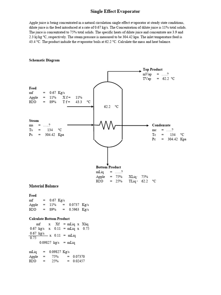 Material and Heat Balance Single Effect Evaporator | PDF