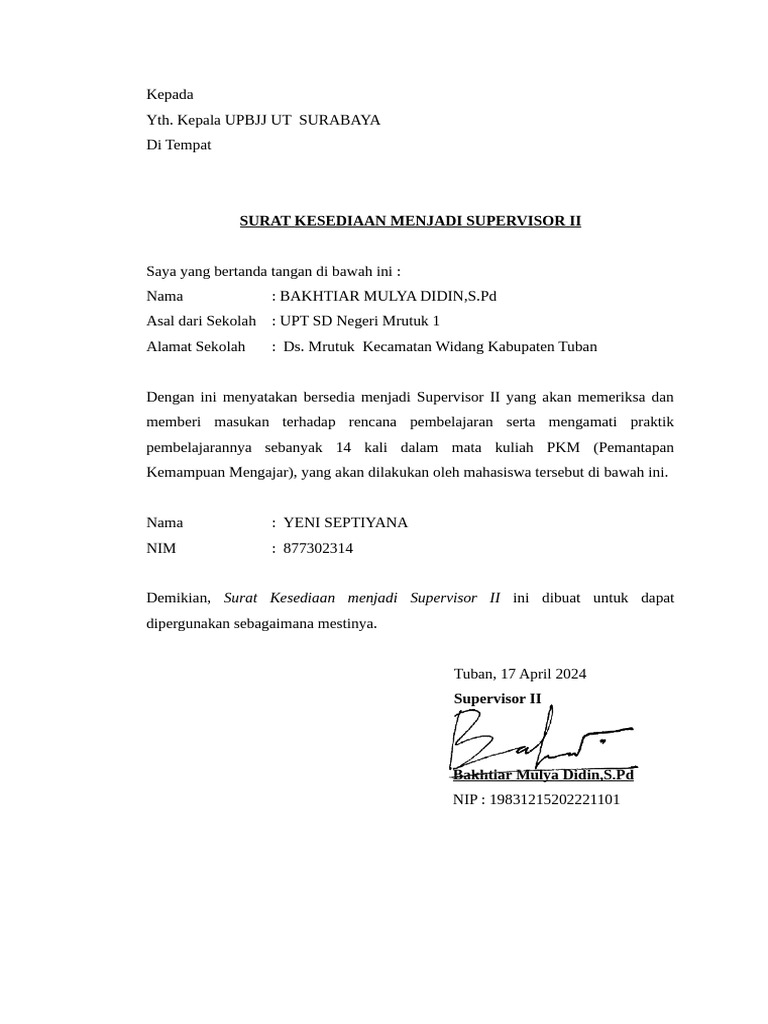Surat Kesediaan Menjadi Supervisor 2 | PDF