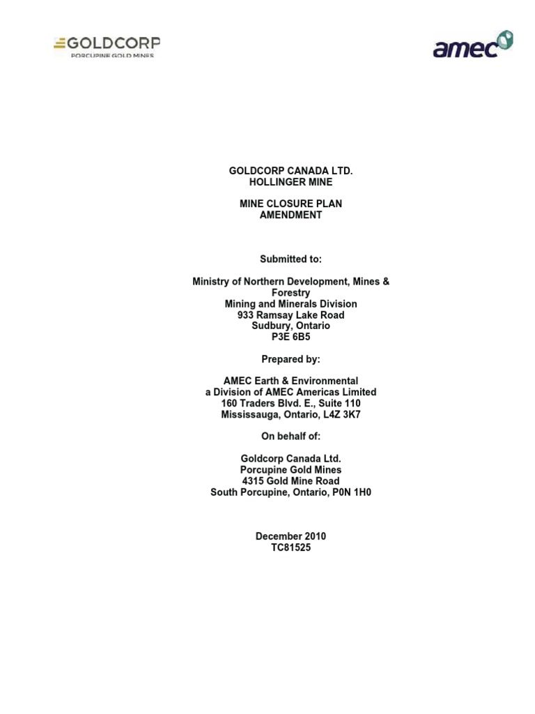 Hollinger Mine Closure Plan Amendment | PDF | Mining | Groundwater