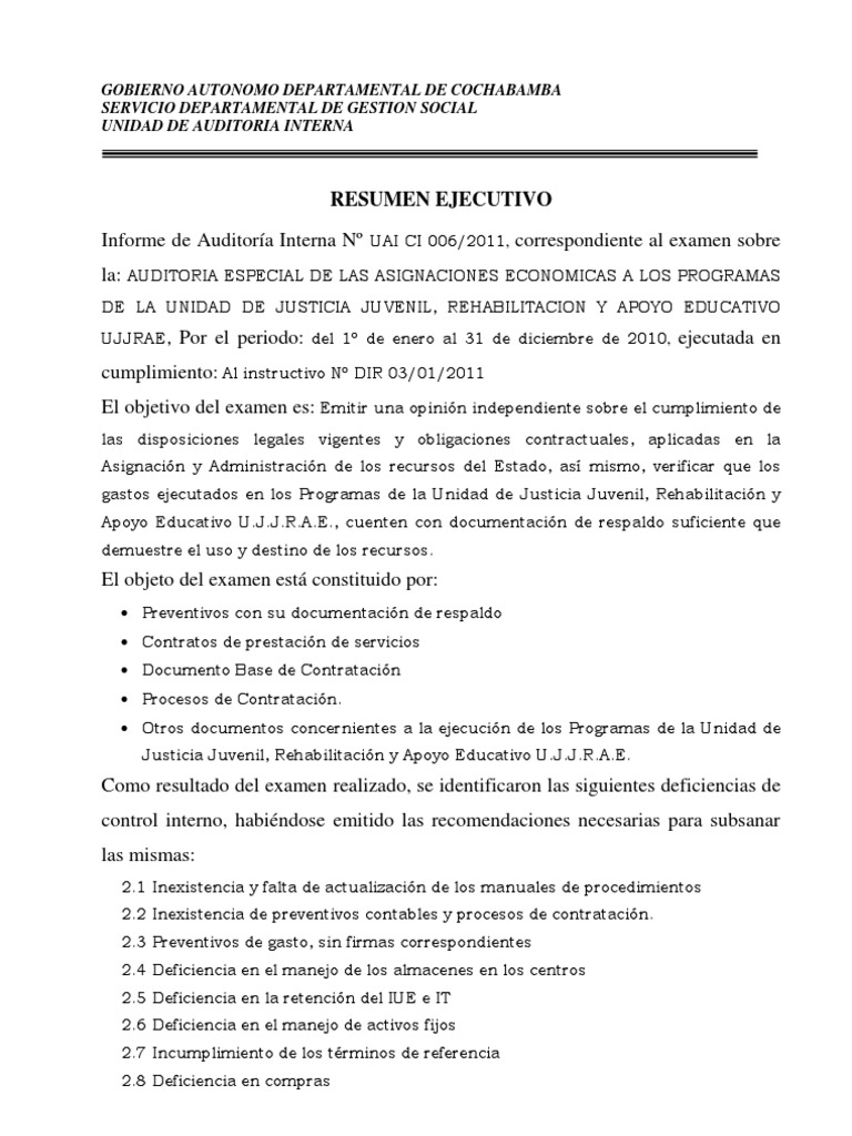 Resumen Ejecutivo Ujjrae | PDF | Auditoría | Gobierno