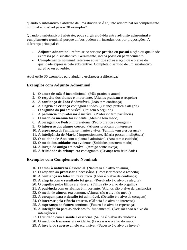 Macete e Exemplos Sobre A Diferença Entre Complemento Nominal e Adjunto ...