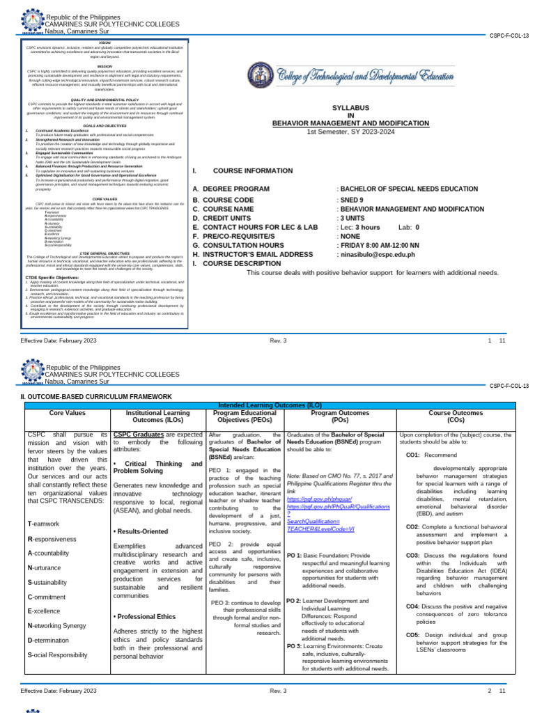 Behavior Management And Modification Syllabus Pdf