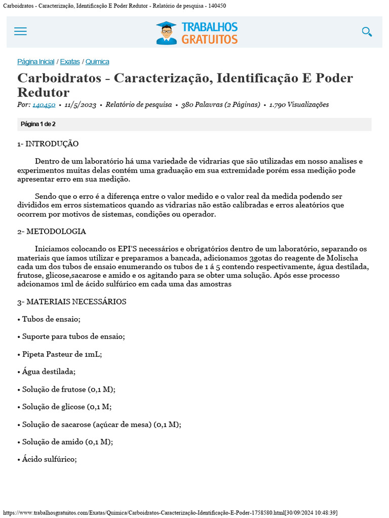 Carboidratos - Caracterização, Identificação E Poder Redutor ...