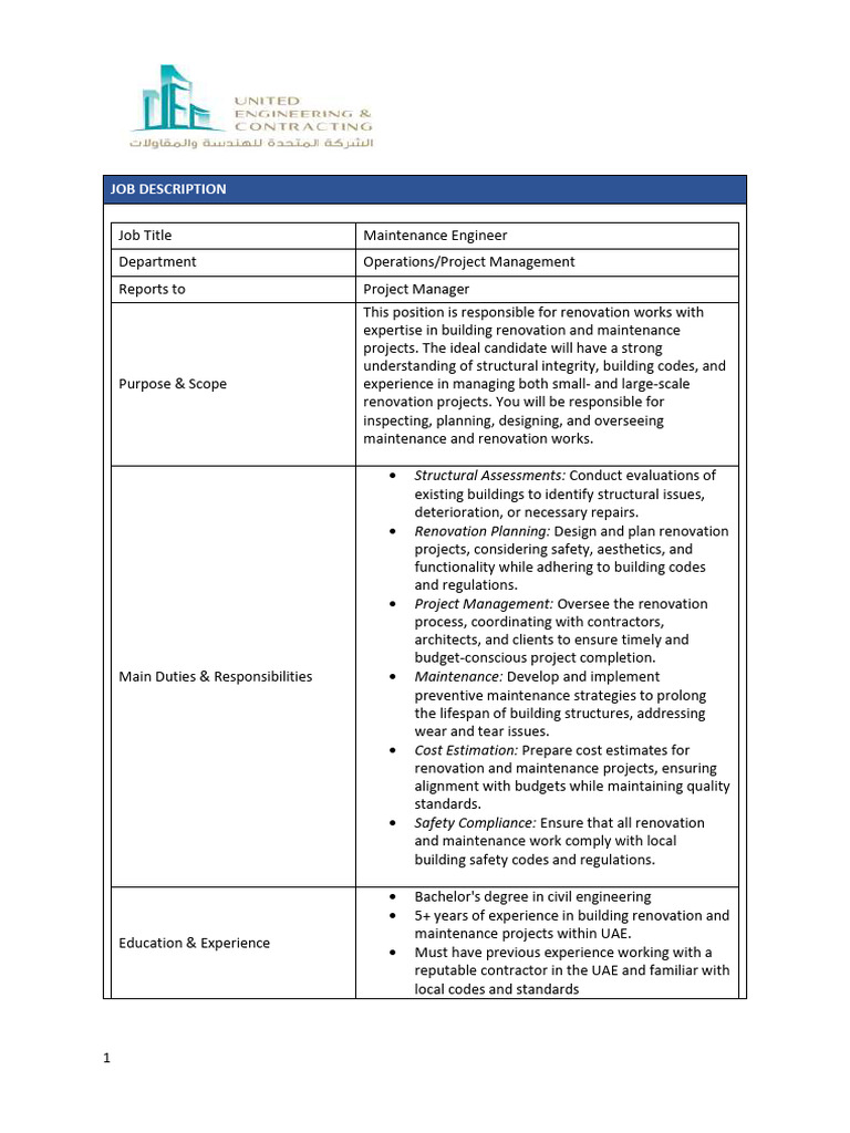 Maintenance Engineer Job Description | PDF | Project Management | Safety