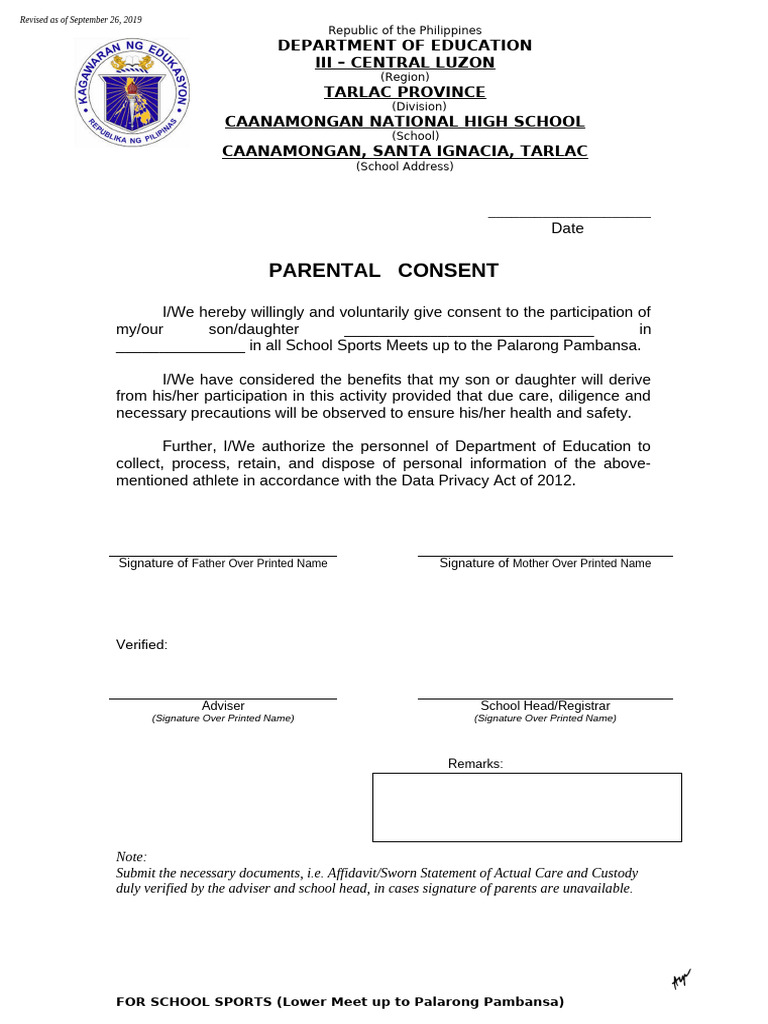 Parental Consent for School Sports | PDF