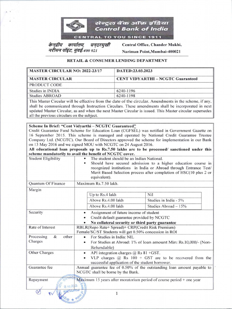 Master Circular No.2022-23 (17 Cent Vidyarathi - NCGTC Guaranteed | PDF