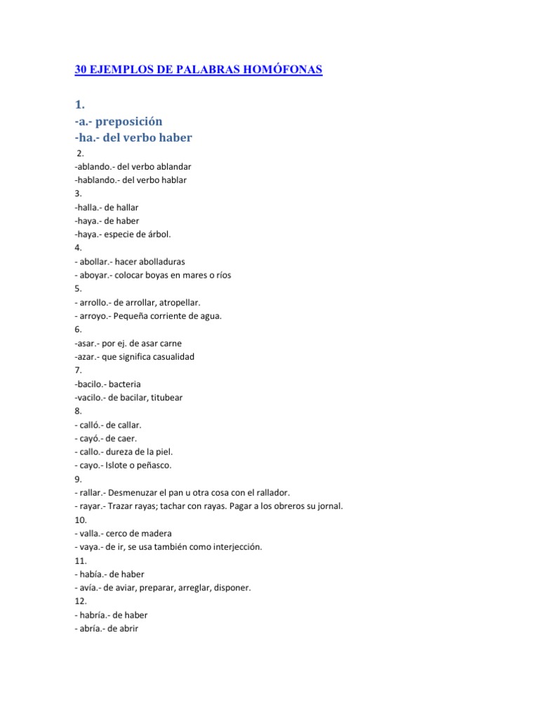 30 EJEMPLOS DE PALABRAS HOMÓFONAS