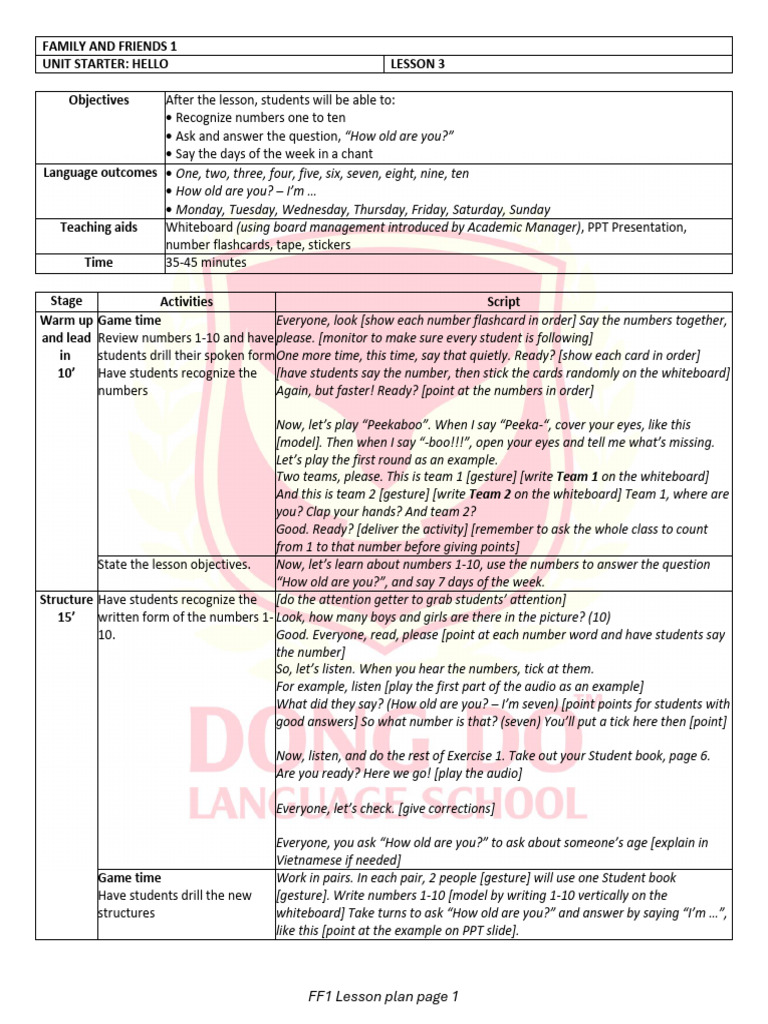 FF1 Unit Starter Lesson 3 Lesson Plan | PDF