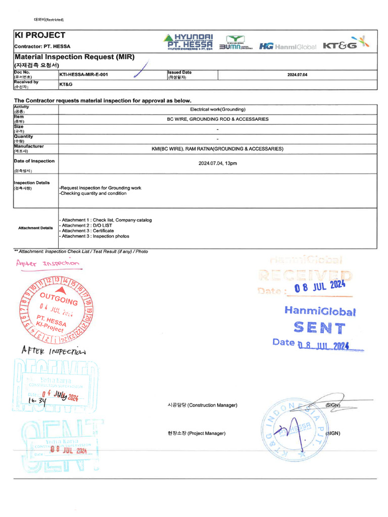 KTI-HESSA-MIR-E-001 - Request Inspection Material BC Wire, Grounding ...
