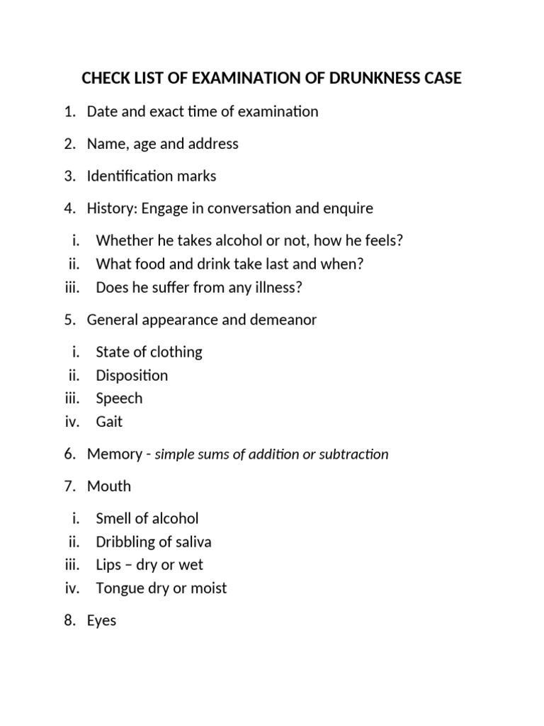 Drunkness Examination Checklist Guide | PDF | Wellness