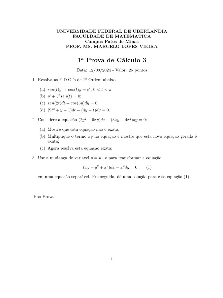 Prova de Cálculo 3 - E.D.O.s e Equações Exatas | PDF
