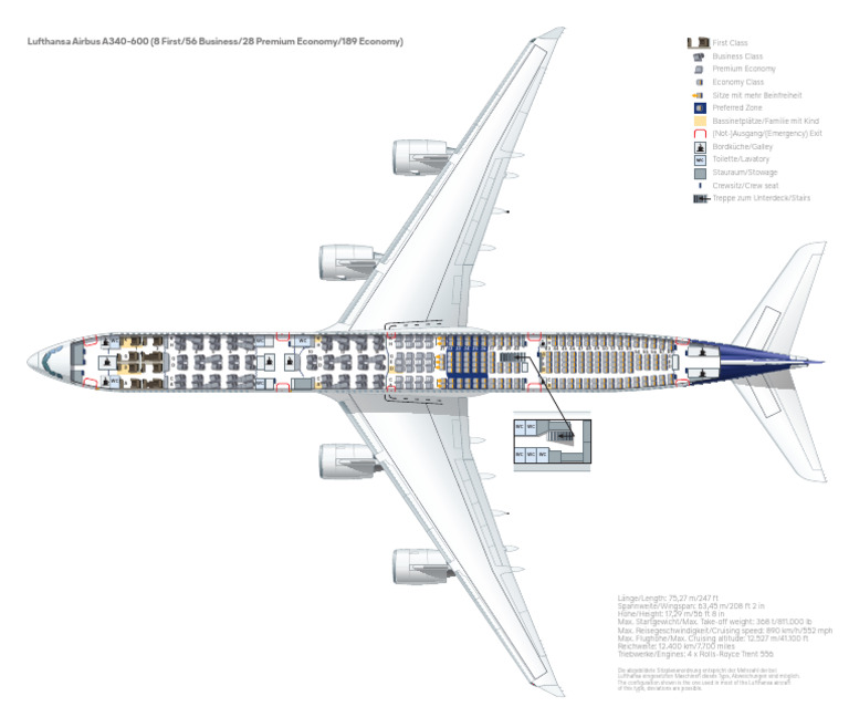 Lufthansa Airbus A340-600 (8 First/56 Business/28 Premium Economy/189 ...