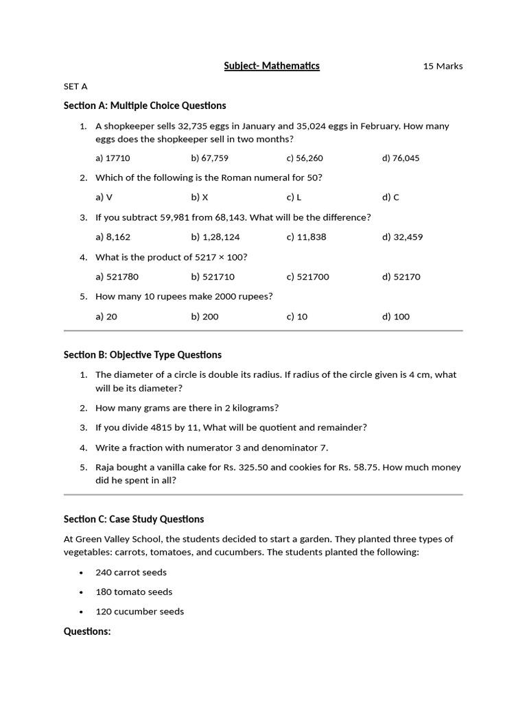 Maths Admission Test Class 4 Set Aj | PDF | Mathematics | Teaching ...