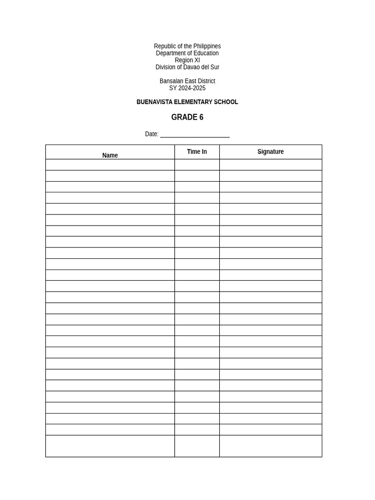 Attendance Sheet Grade 6 | PDF